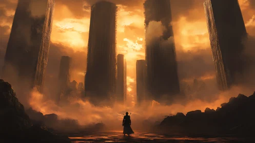 Lone wanderer greeting molten sky among ruin towers.
