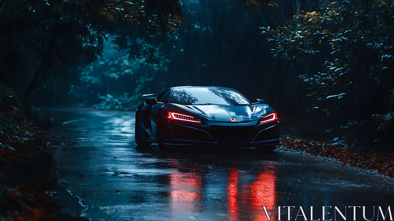 Honda sports car glows on rainy forest road at dusk.