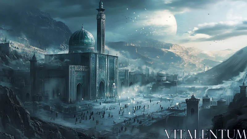 Moonlit desert citadel with domed temple rising from mist.