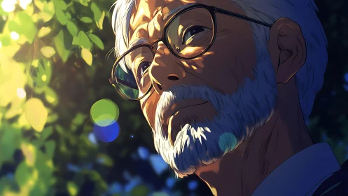 Anime portrait of elderly man in dappled forest lighting study.