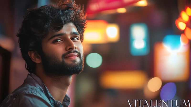 Young man in shallow-depth night portrait with neon bokeh glow