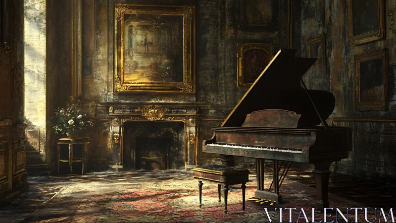Grand piano in ornate, sunlit historic interior room.
