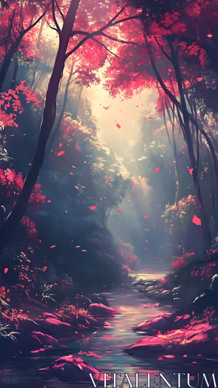 Crimson Reverie: Forest Path Where Light Dances Through Magenta Dreams.