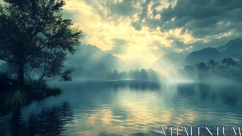 Sunlit mountain lake with mist and reflective still water.