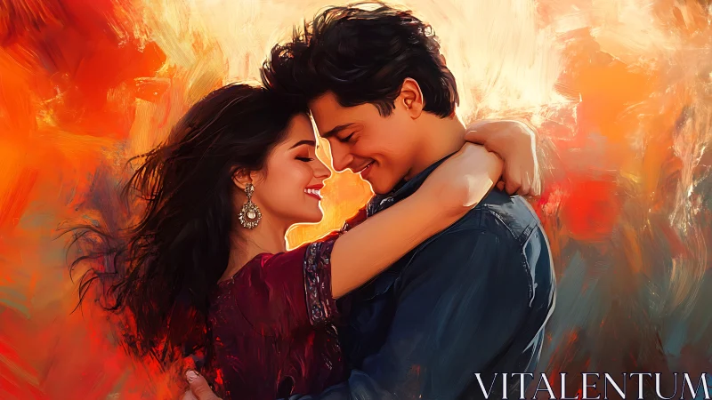 Romantic Couple Embrace With Warm Orange Gradient Atmospheric Lighting Effects