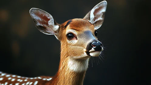 Gentle fawn gazes into woodland hush with luminous eyes.