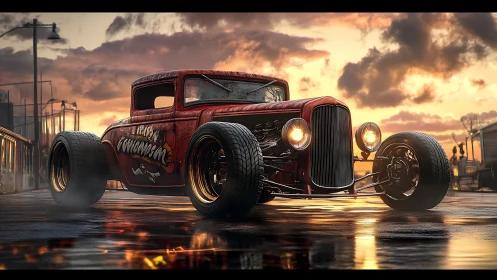 Custom red hot rod coupe on wet street at sunset.