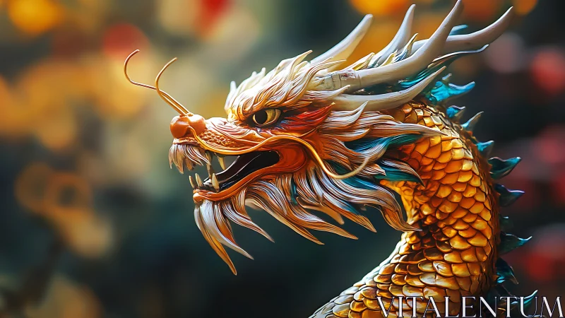 Golden Chinese dragon head in vivid close-up profile view