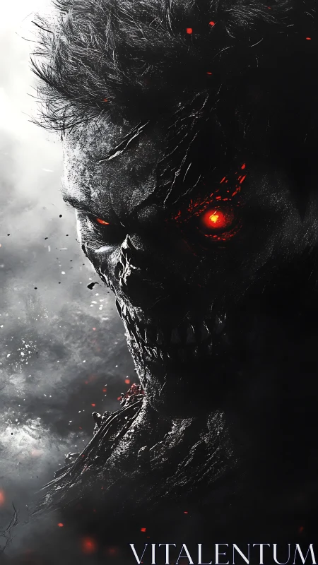 Burning eyed skeletal demon emerges from smoky darkness