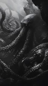 Colossal abyssal cephalopod rendered in monochrome depths.