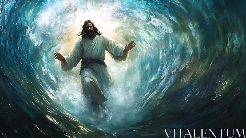 Religious figure walking through turbulent parted water.
