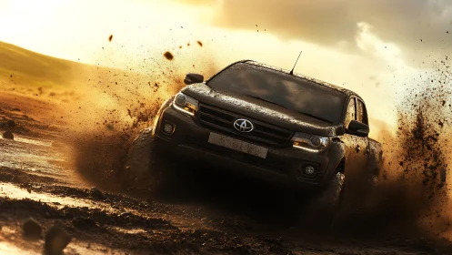 Sunlit pickup truck carving joyful tracks through flying mud.