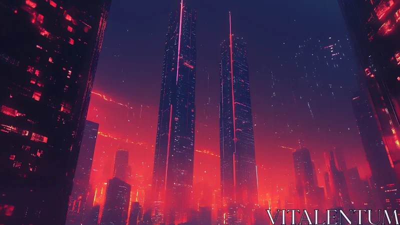 Neon twin spires dominating a crimson cyberpunk skyline.