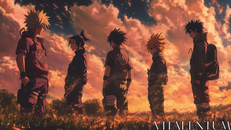 Anime youths stand in sunset field with burning embers.