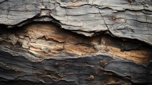 Charred wood surface with exposed inner grain layers.