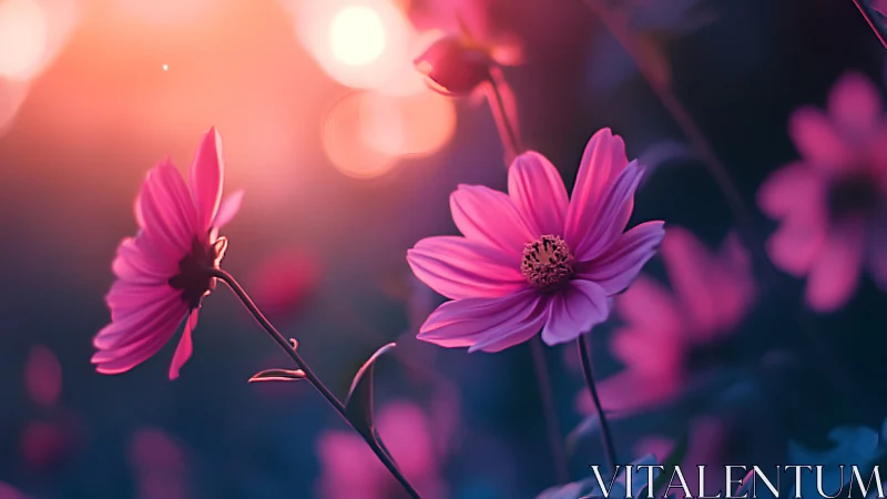 Luminous Pink Cosmos Flowers Glowing in Twilight Atmosphere