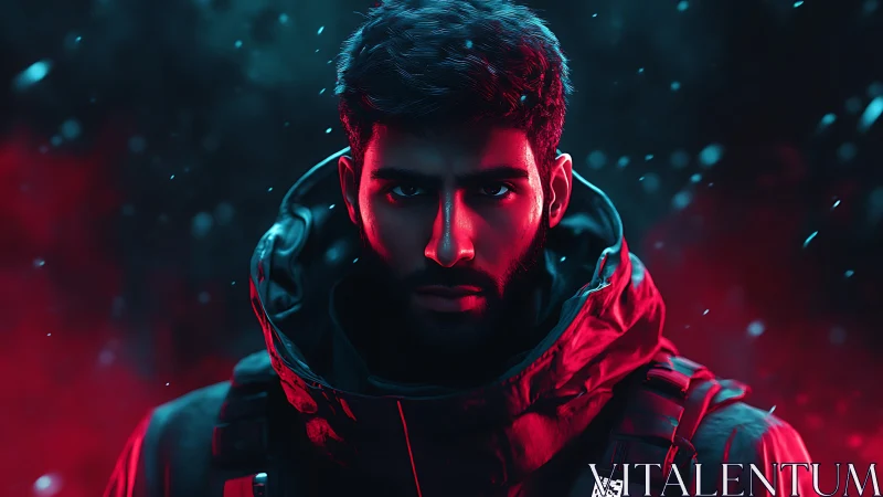 Intense hooded man in red and teal cinematic lighting.