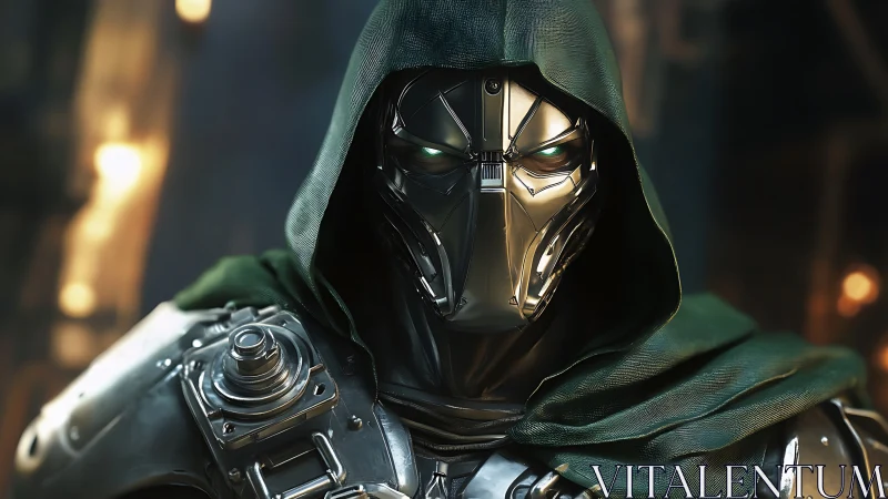 Cybernetic hooded warlord with reflective alloy mask portrait.