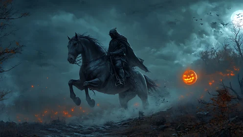 Headless rider in moonlit mist with glowing pumpkin guide.