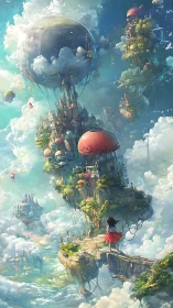 Girl in red gazes toward luminous floating sky cities above