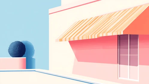 Sunlit pastel facade with striped awning and pool edge
