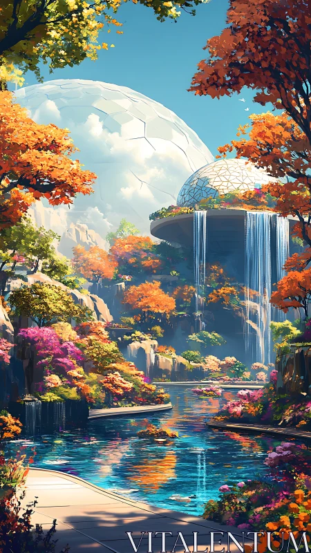 Futuristic terraced biospheres above luminous autumn lagoon.