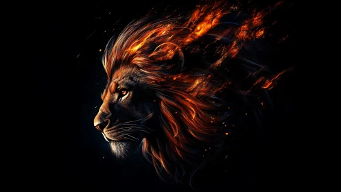 Fiery lion profile emerges from darkness in vivid flame