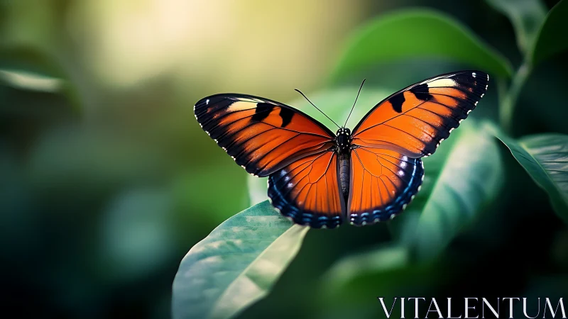 Orange butterfly on leaf with outstretched wings in soft light.