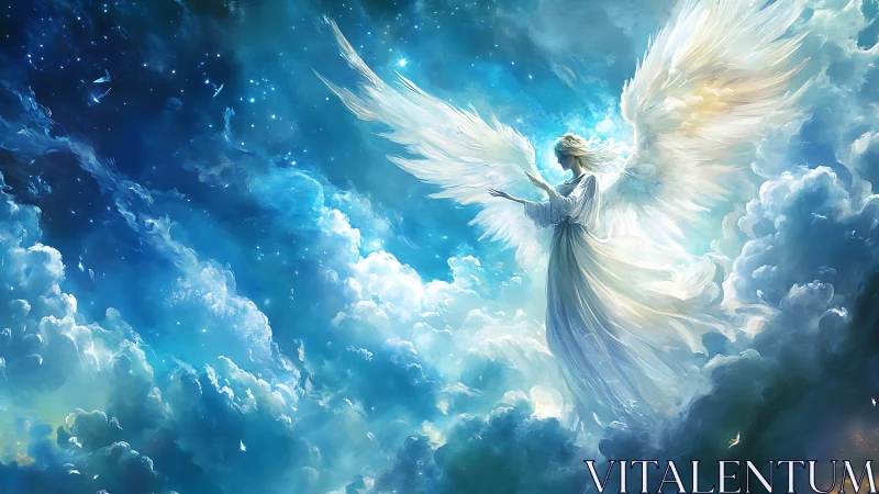 Celestial angelic figure rendered in luminous volumetric cloudscape