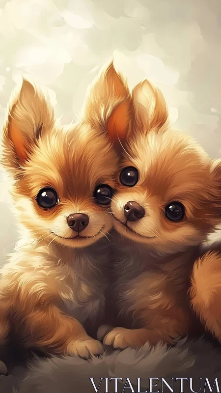 Digital portrait of fluffy toy-breed puppy pair, soft bokeh light