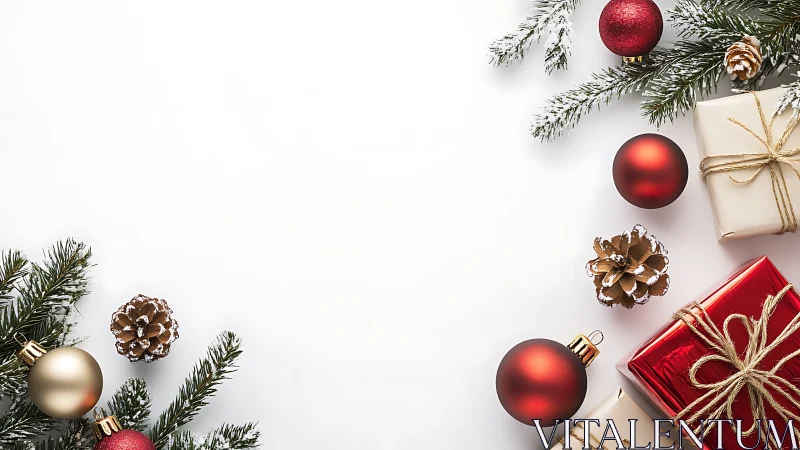 Holiday ornaments and gifts create a cozy festive frame