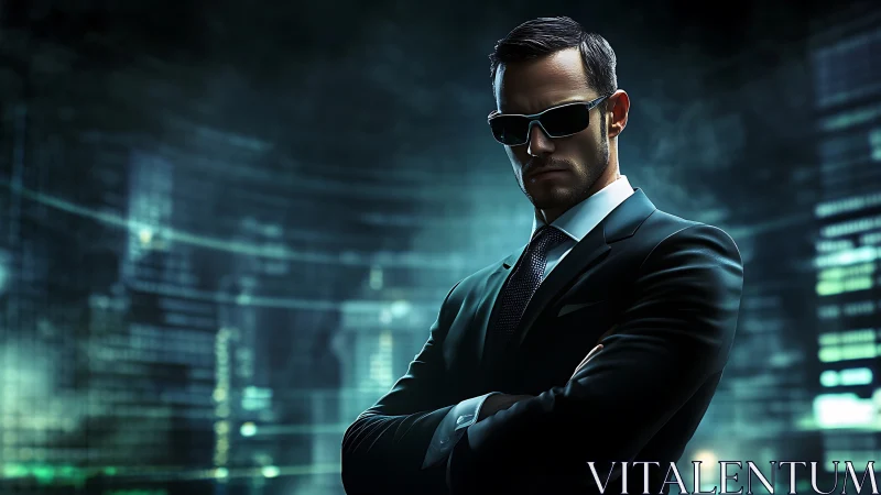 Midnight cyber guardian in a sleek digital cityscape.