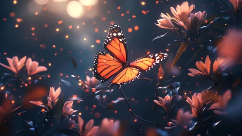 Backlit monarch butterfly hovers amid bokeh-lit blossoms at dusk