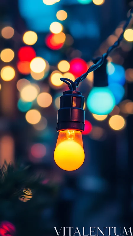 Single glowing bulb warms a dreamy bokeh night street