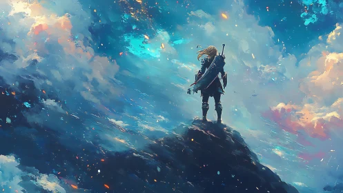 Solitary fantasy warrior silhouetted against turbulent painted sky