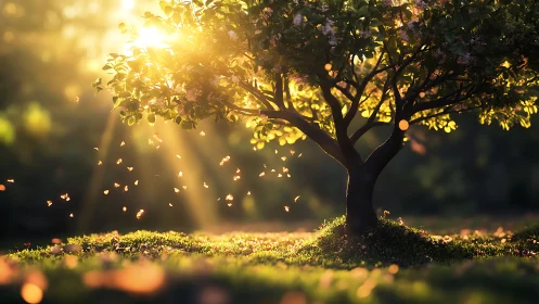 Backlit flowering tree captures golden-hour volumetric light