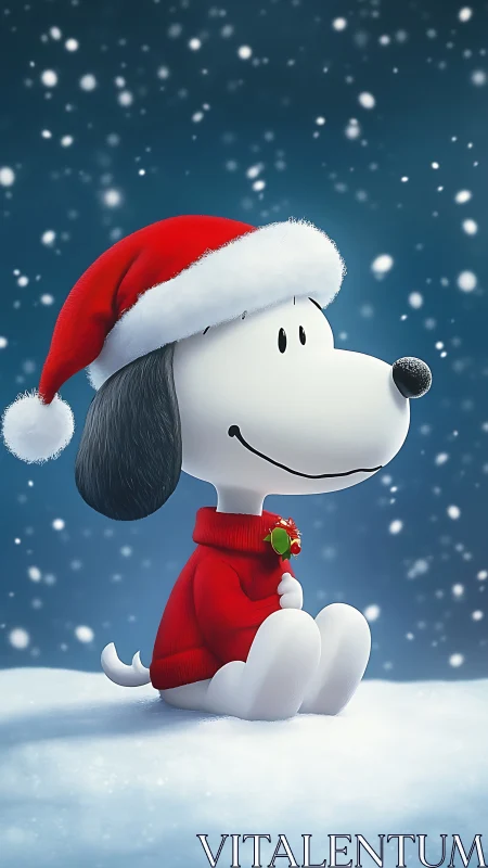 Snowy pup in Santa sweater cradling quiet holiday magic.