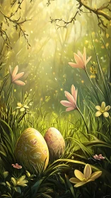 Backlit painted eggs in dense spring grass with volumetric light