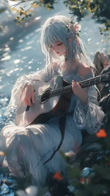 Lake shore guitarist in flowing white dress at dusk