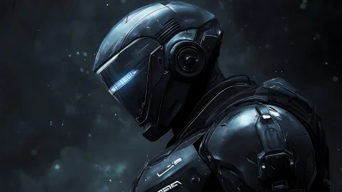 Armored cyber soldier profile under cold cinematic light.