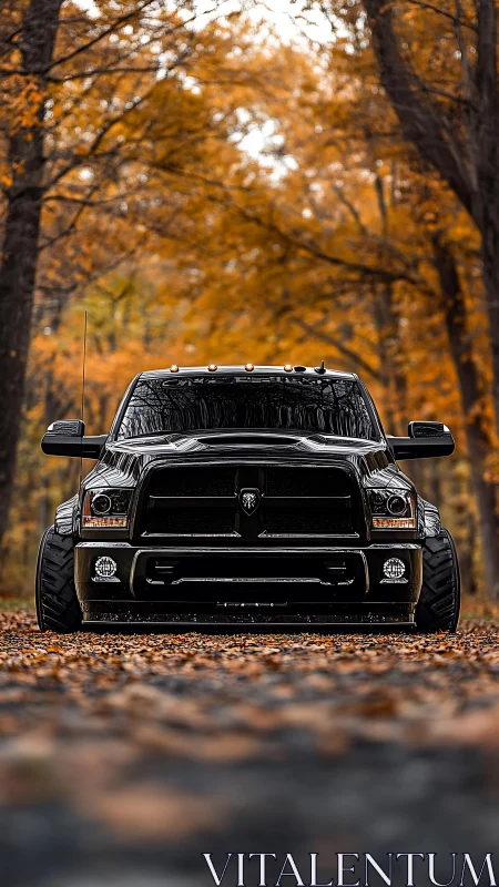 Brooding black pickup prowls a leaf-drenched autumn tunnel.