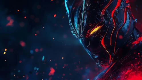 Cybernetic warrior helmet glows with molten red energy