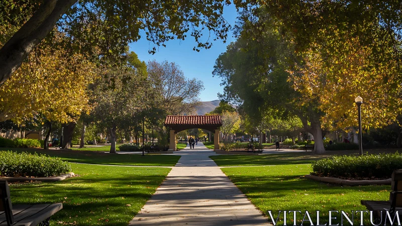 Photorealistic campus walkway under autumn tree canopy.