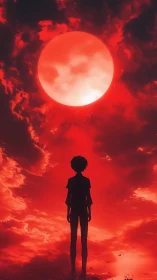 Youthful dreamer under a glowing red celestial sky.