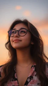 Young woman in glasses looking upward at soft sunset sky