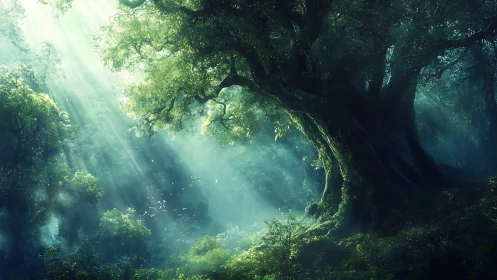 Ancient Forest Canopy with Crepuscular Light Rays.