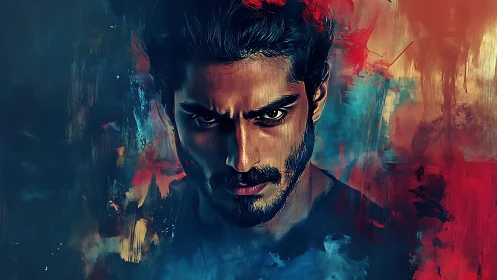 Male portrait in digital painting with abstract color field.