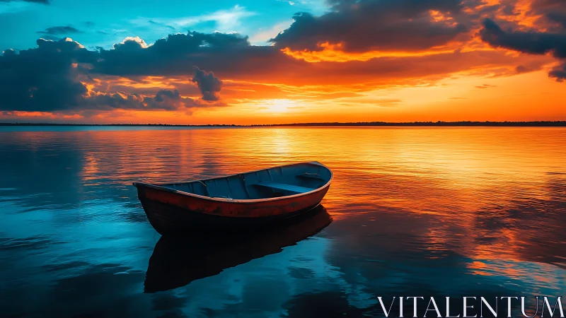 Golden lake sunset welcomes a quiet boat into calm waters
