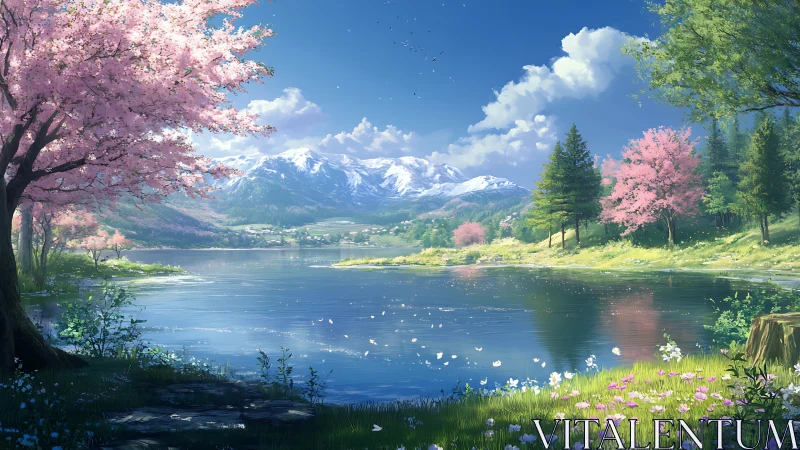Gentle spring lake reflects cherry blossoms and soft peaks