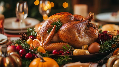 Golden holiday turkey surrounded by cozy festive comforts.